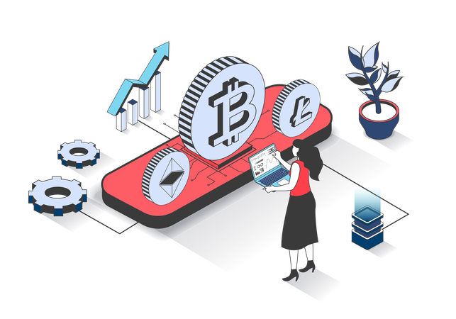 Mulher investindo dinheiro em bitcoins  Illustration