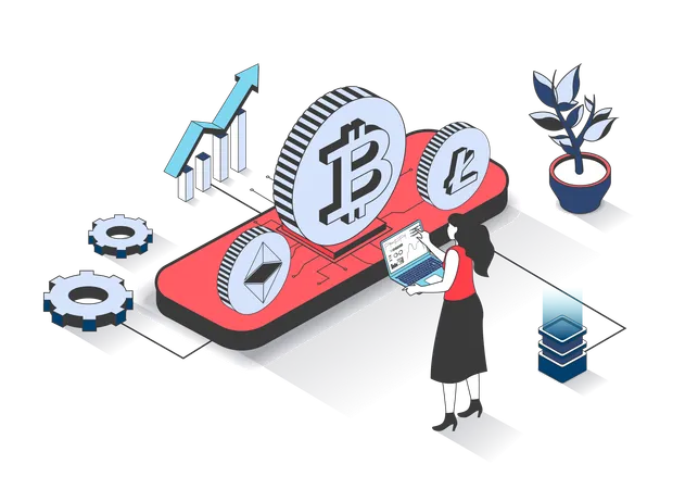 Mulher investindo dinheiro em bitcoins  Illustration