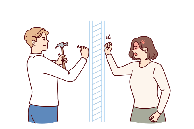 Mulher irritada bate na parede  Ilustração