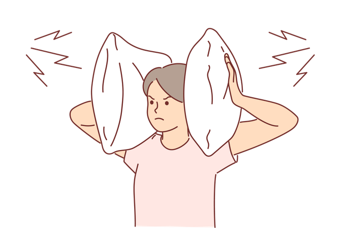 Mulher irritada cobre os ouvidos com travesseiro  Ilustração