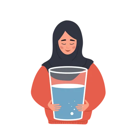 Mulher islâmica com sede segura um copo grande de água limpa  Ilustração