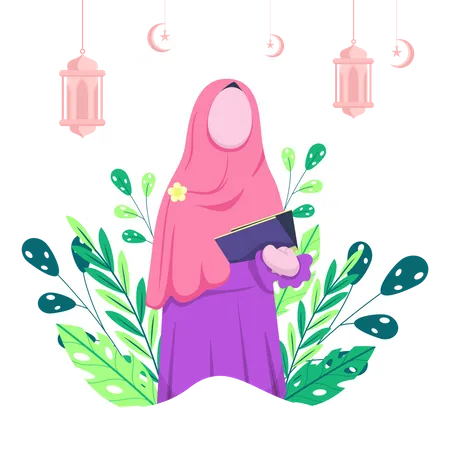 Mulher Islamica Usando Hijab Na Mao Segura O Alcorao Atras Dele Havia Uma Lanterna E Uma Lua Crescente Pendurada Ilustração