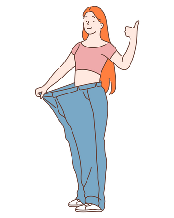 Mulher ficando com jeans soltos depois de dieta  Ilustração