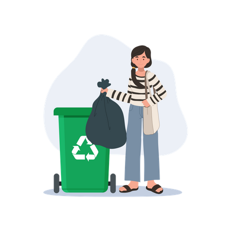 Mulher joga lixo na lixeira verde com símbolo de reciclagem  Ilustração