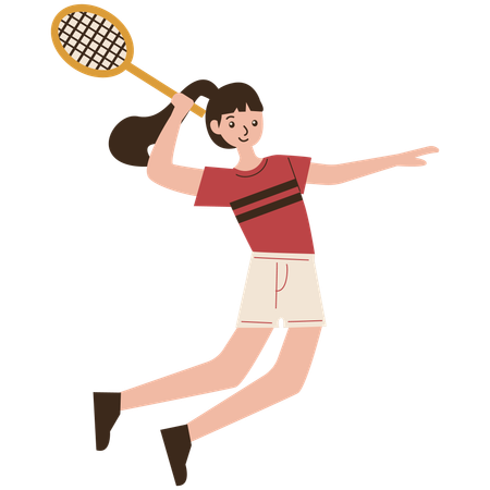 Mulher jogadora de badminton saltando movimento esmagador  Ilustração