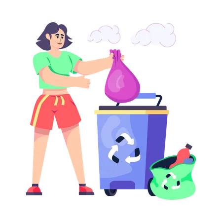 Mulher jogando lixo em lata de reciclagem  Ilustração