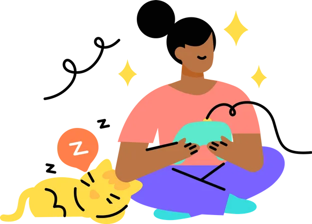 Mulher jogando videogame enquanto seu gato dorme  Ilustração