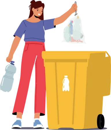 Mulher joga lixo na lata de lixo com placa de garrafa  Ilustração