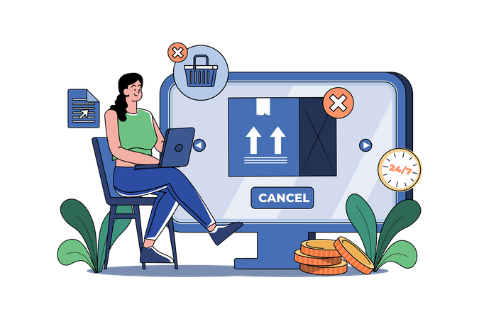 Mulher jovem cancela pedido on-line  Ilustração
