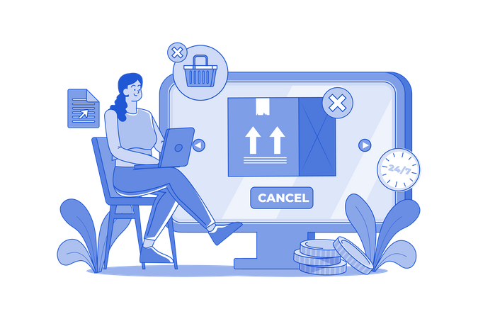 Mulher jovem cancela pedido on-line  Ilustração