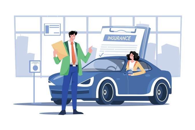 Mulher jovem e bonita no carro está conversando com o vendedor de seguros de automóveis  Ilustração