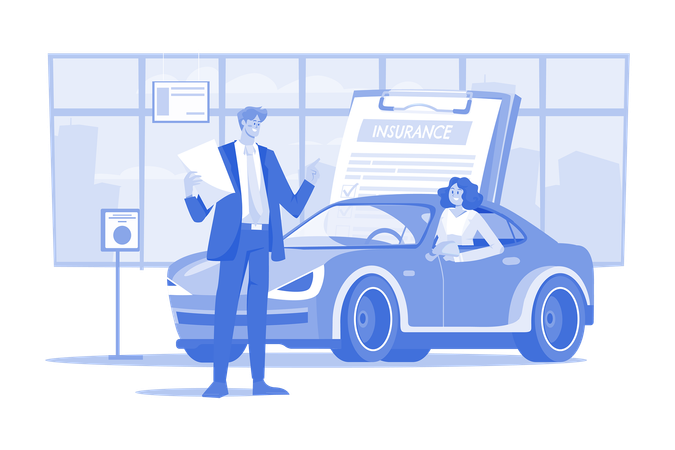 Mulher jovem e bonita no carro está conversando com o vendedor de seguros de automóveis  Ilustração