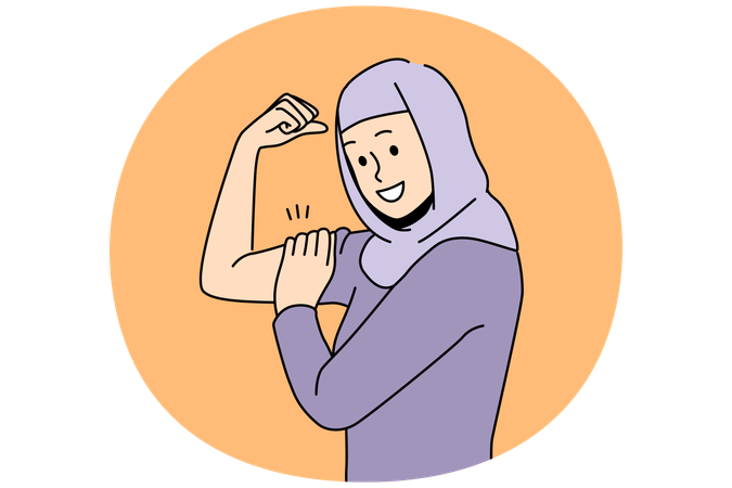 Jovem mulher sorridente usando hijab mostra músculos e demonstra poder  Ilustração