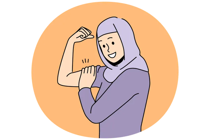 Jovem mulher sorridente usando hijab mostra músculos e demonstra poder  Ilustração