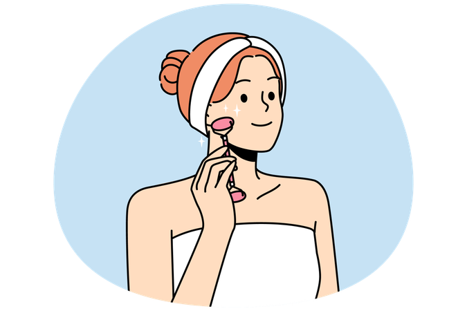 Jovem mulher sorridente em toalha fazendo massagem facial com rolo de beleza  Ilustração
