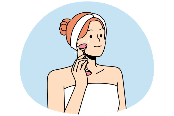 Jovem mulher sorridente em toalha fazendo massagem facial com rolo de beleza  Ilustração