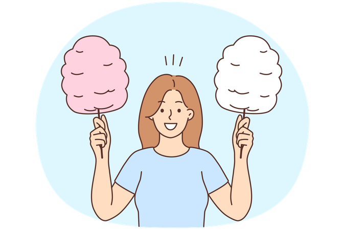 Jovem mulher sorridente segurando palitos de algodão doce  Ilustração