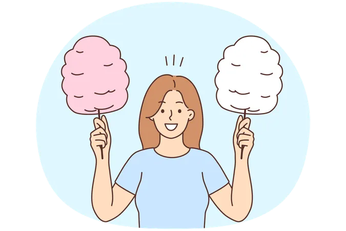 Jovem mulher sorridente segurando palitos de algodão doce  Ilustração