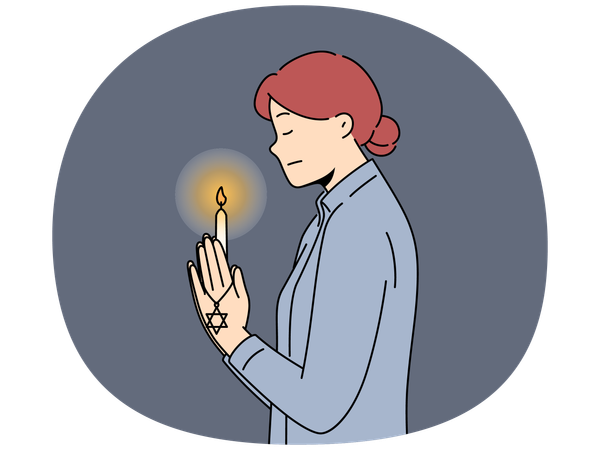 Mulher judia rezando com vela acesa na mão para o dia internacional da lembrança do holocausto  Ilustração