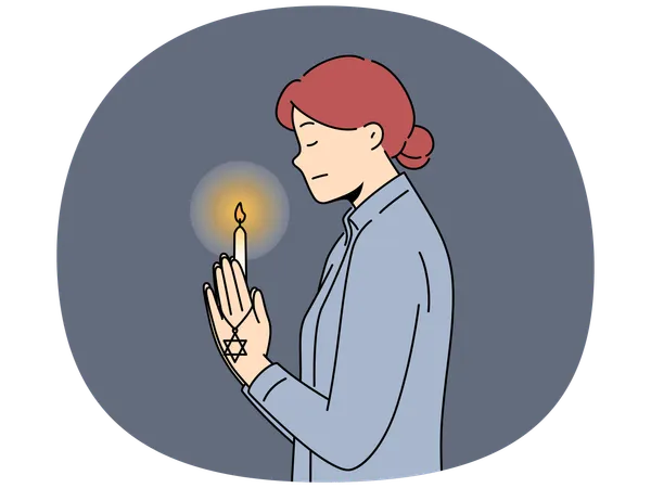 Mulher judia rezando com vela acesa na mão para o dia internacional da lembrança do holocausto  Ilustração