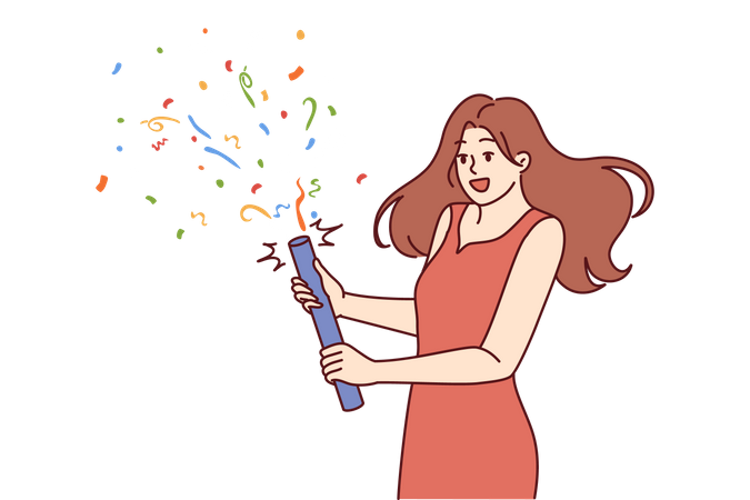 Mulher lança foguete com confete durante aniversário  Ilustração