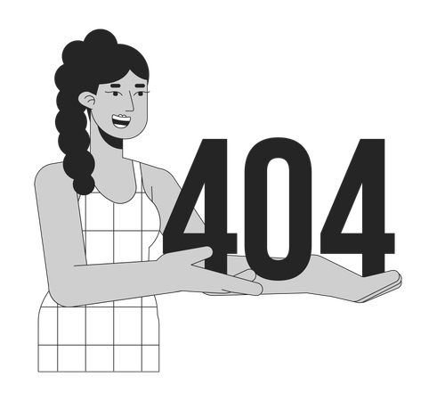 Mulher latina feliz segurando mensagem flash de erro 404  Ilustração