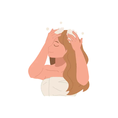 Mulher lavando cabelo com shampoo  Ilustração