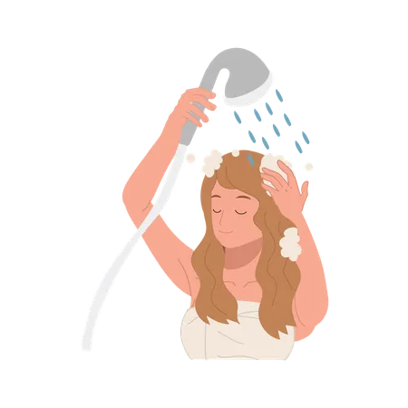 Mulher lavando cabelo com shampoo  Ilustração
