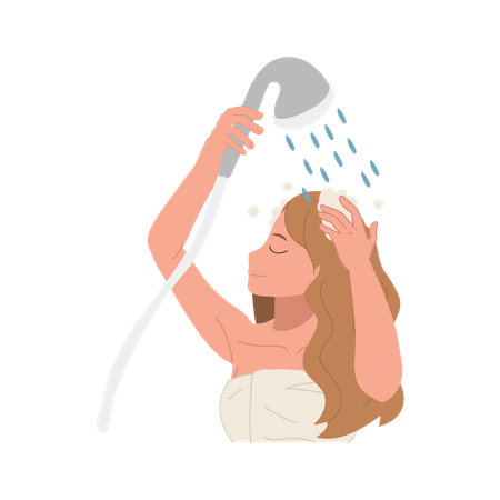 Mulher lavando o cabelo com xampu espumoso no chuveiro refrescante  Ilustração
