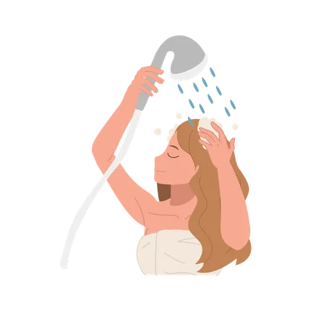 Mulher lavando o cabelo com xampu espumoso no chuveiro refrescante  Ilustração