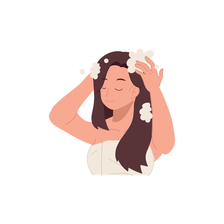 Mulher lavando o cabelo com xampu espumoso no chuveiro refrescante  Ilustração