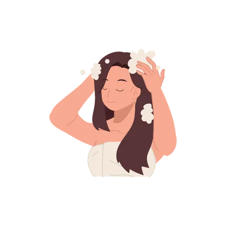 Mulher lavando o cabelo com xampu espumoso no chuveiro refrescante  Ilustração