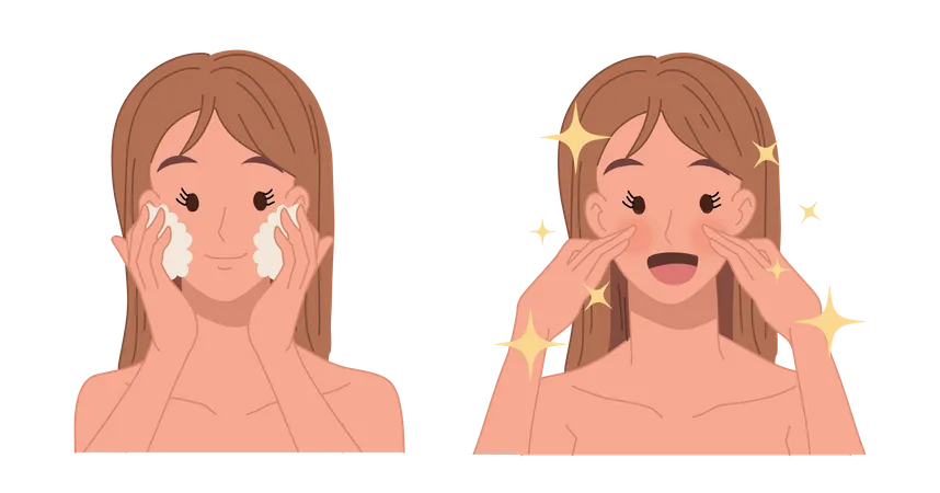 Mulher lavando o rosto usando esfoliante facial  Ilustração