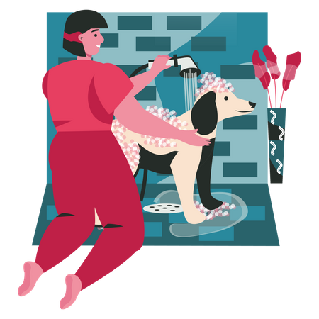 Mulher lavando seu cachorro no banheiro  Ilustração