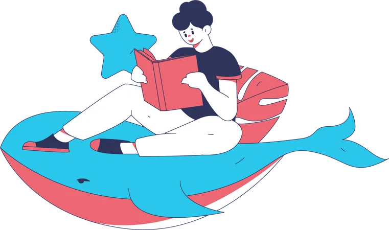 Mulher lê livro sobre peixes  Ilustração