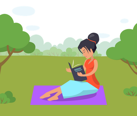 Mulher lendo livro no jardim  Ilustração