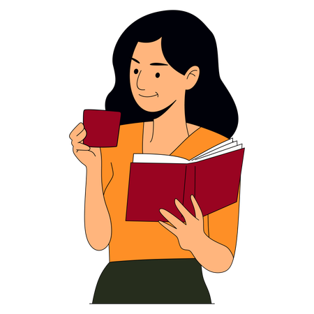 Livro de leitura feminino com café bebendo  Ilustração