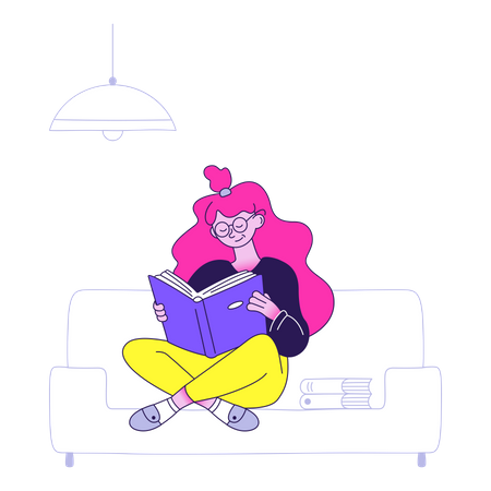 Mulher lendo um livro interessante enquanto está sentado no sofá  Ilustração