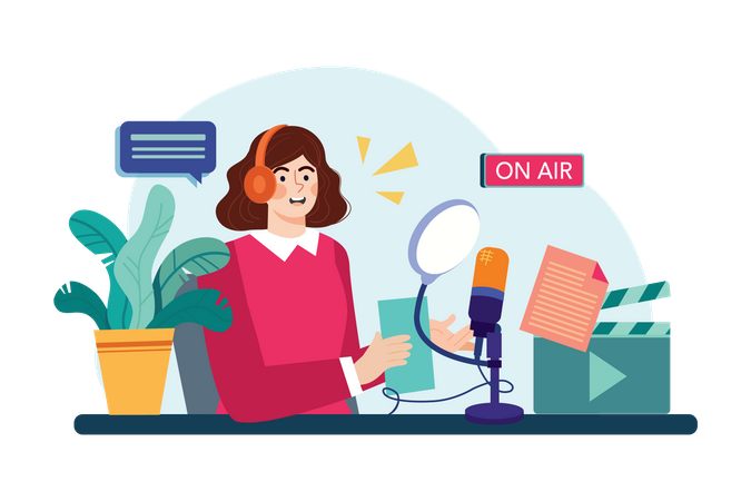 Mulher lendo roteiro de podcast  Ilustração