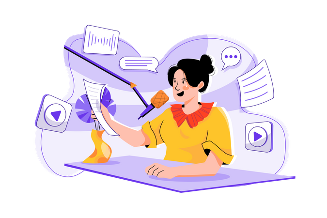 Mulher lendo roteiro de podcast  Ilustração