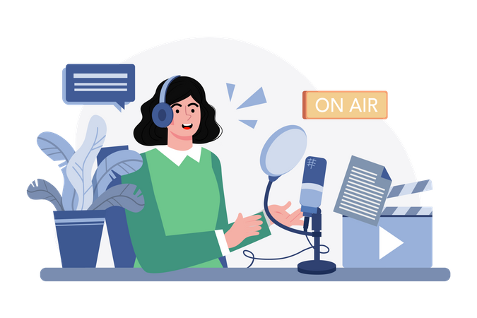 Mulher lendo roteiro de podcast  Ilustração