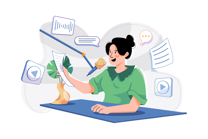 Mulher lendo roteiro de podcast  Ilustração