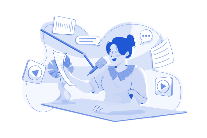 Mulher lendo roteiro de podcast  Ilustração