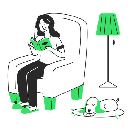 Mulher lendo um livro em um ambiente confortável  Ilustração