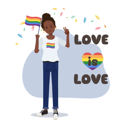 Mulher lésbica segurando a bandeira do arco-íris  Ilustração