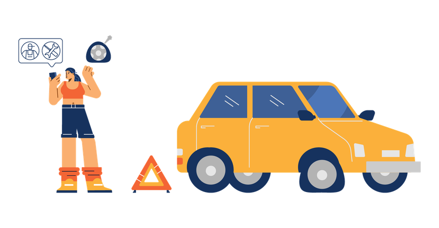 Mulher liga para os serviços rodoviários para conserto de emergência de carro  Ilustração