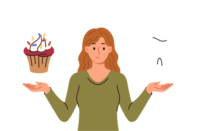 Mulher liga para pensar sobre o problema de cárie causada pela ingestão de alimentos doces que segura um dente gigante e um muffin  Ilustração