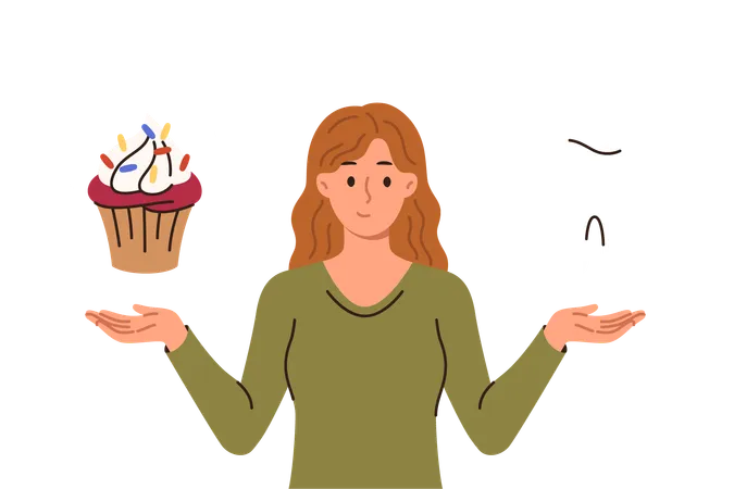 Mulher liga para pensar sobre o problema de cárie causada pela ingestão de alimentos doces que segura um dente gigante e um muffin  Ilustração