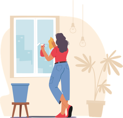 Mulher limpando janelas de casa  Ilustração
