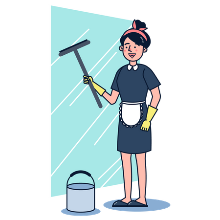 Mulher limpando janela usando limpador de janela  Ilustração